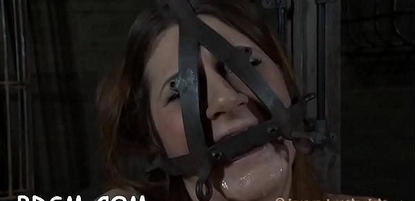  Blindfolded and gagged beauty gets her smutty cleft shovelled with toy
